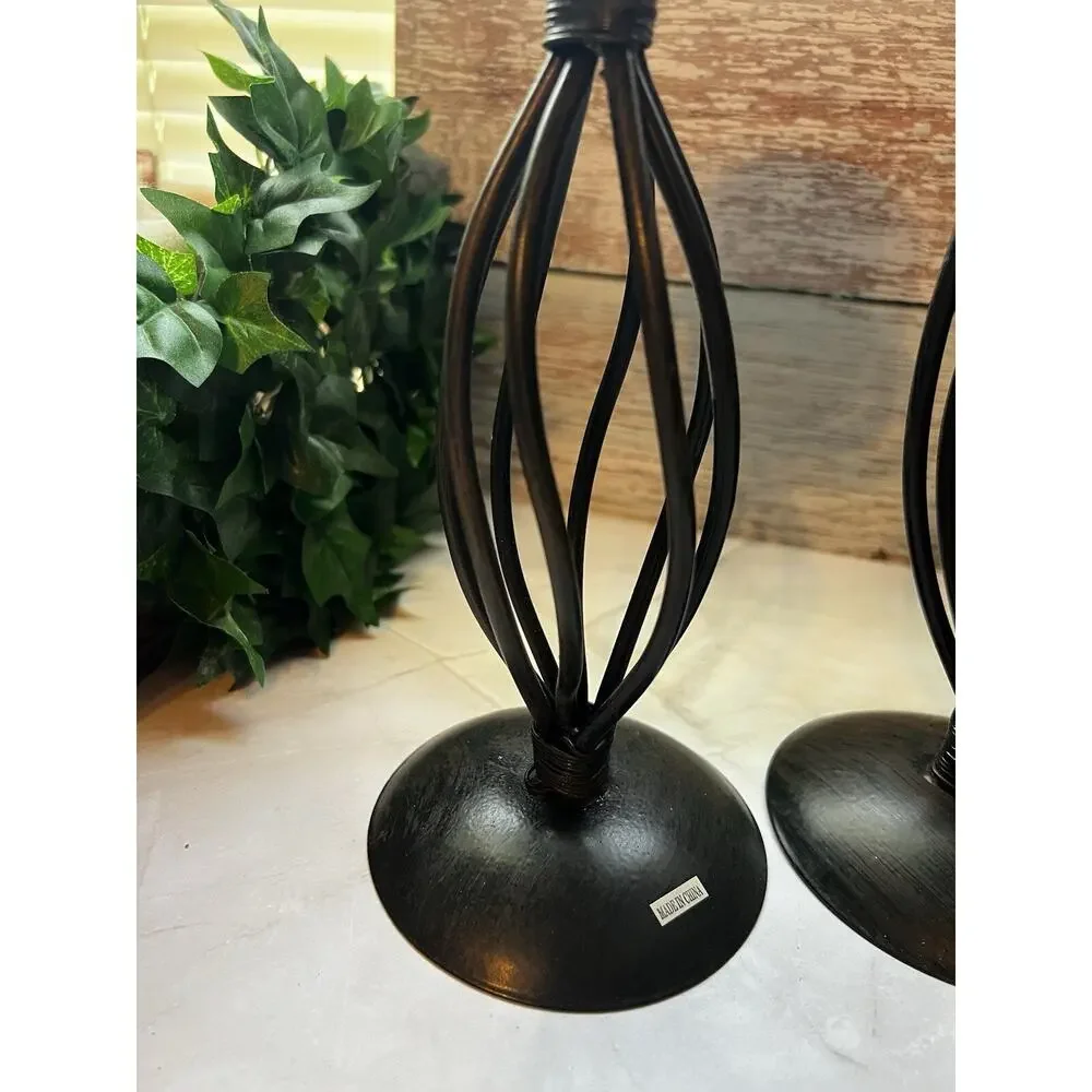2 BLACK METAL CANDLE HOLDERS With Candles Wire-Wrapped Pillars